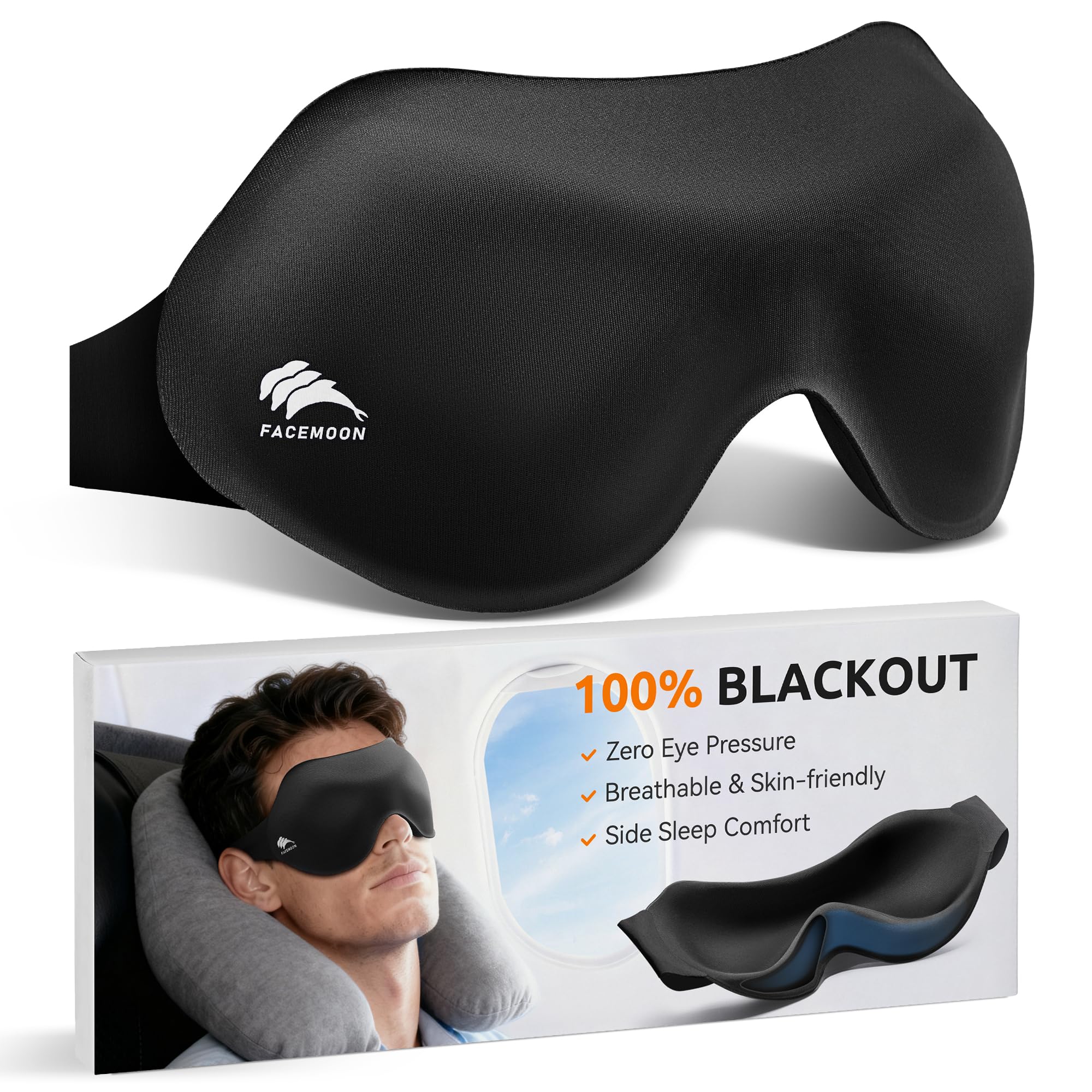 FACEMOON Eye Mask with light-blocking 3D contour for deep, distraction-free sleep anywhere.