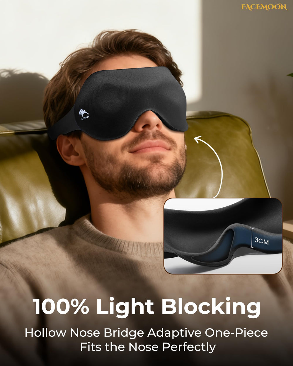 FACEMOON eye mask designed for side sleepers to prevent pressure and light leaks.
