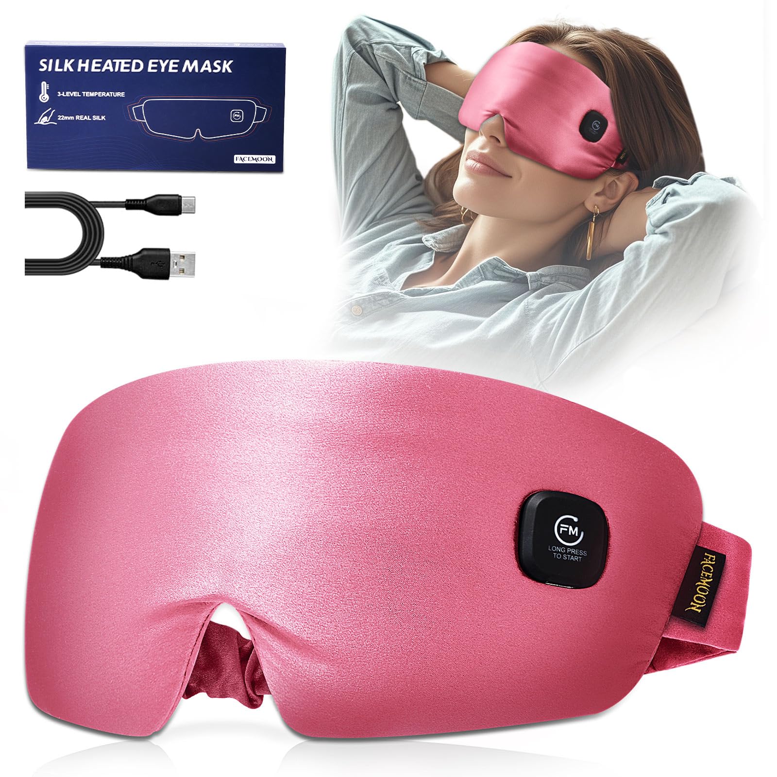FACEMOON heated eye mask with silk, cordless pink for relaxing sleep.