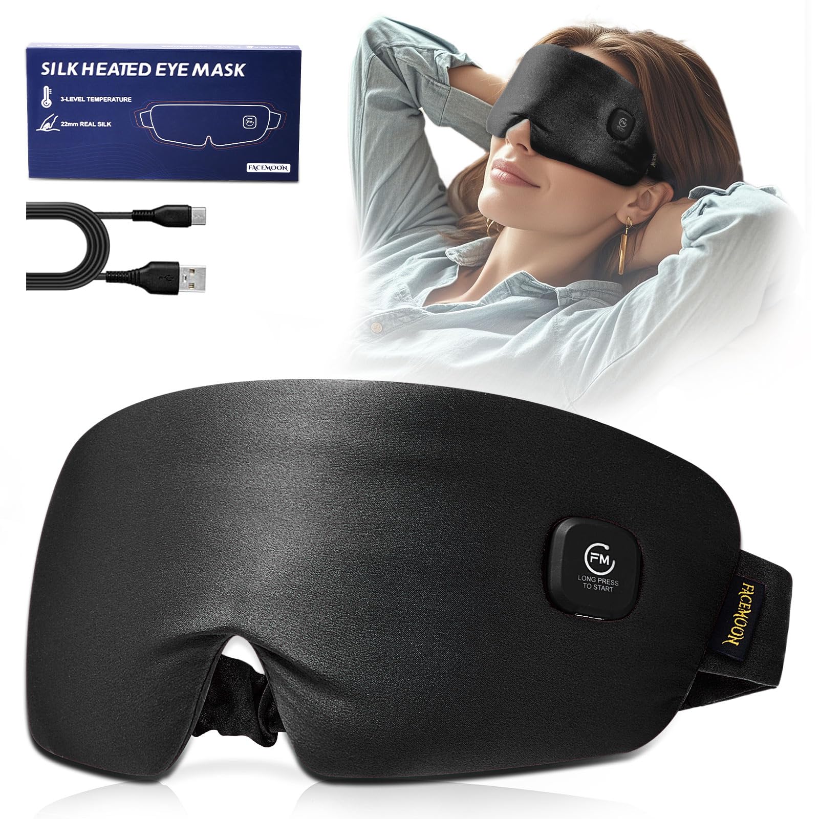 FACEMOON heated eye mask with silk outer provides gentle warmth for eye comfort.