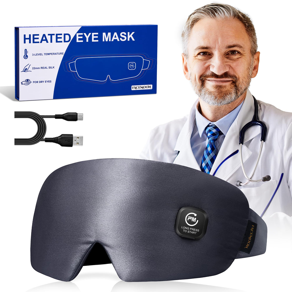 FACEMOON Heating Eye Mask on eyes provides soothing heat for quick relief during travel