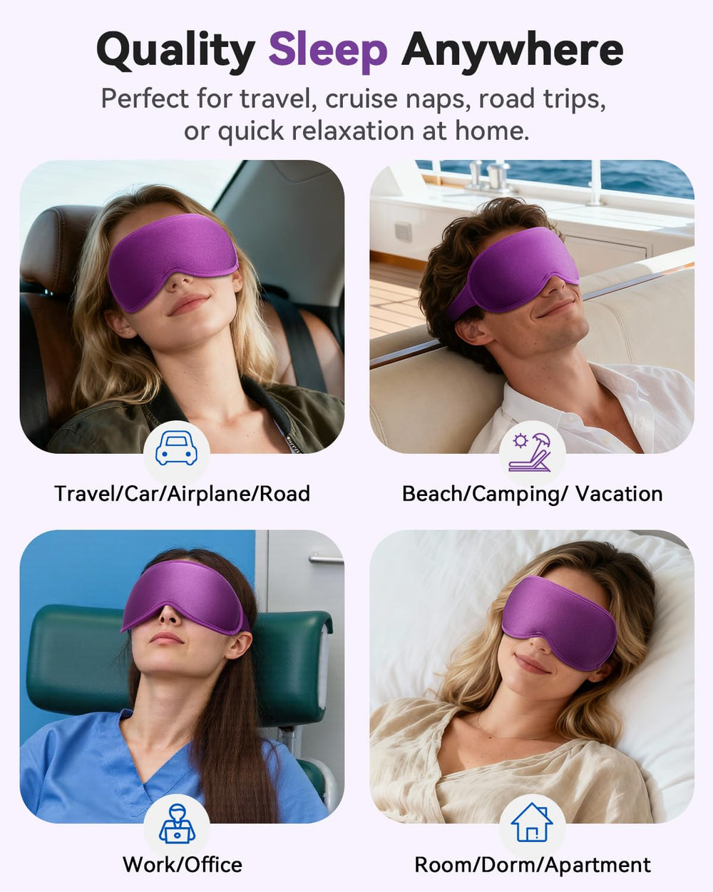 FACEMOON uso en coche y cruceros para descanso seguro y oscuridad.
