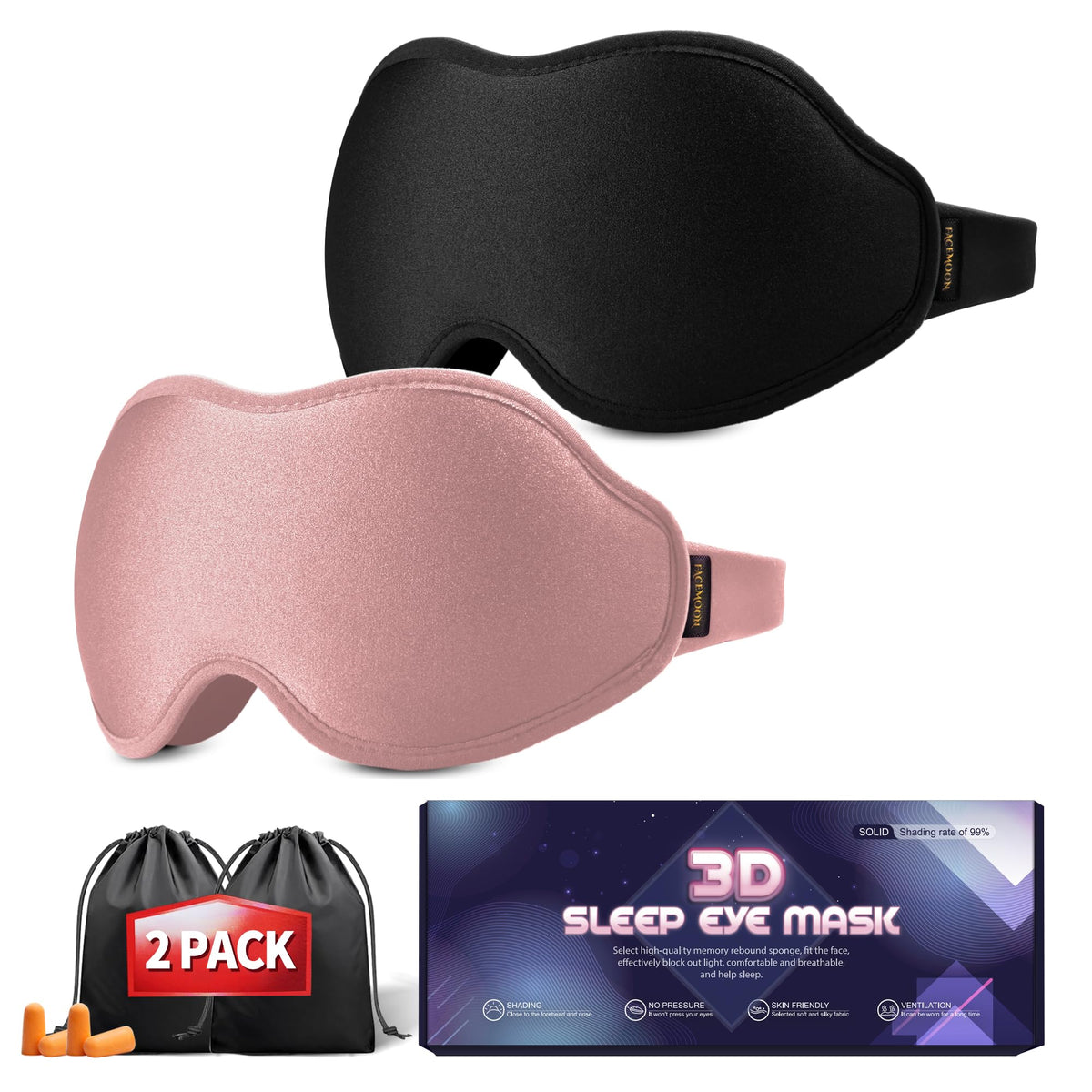 FACEMOON sleep mask 3D contoured design blocks light for restful nights.