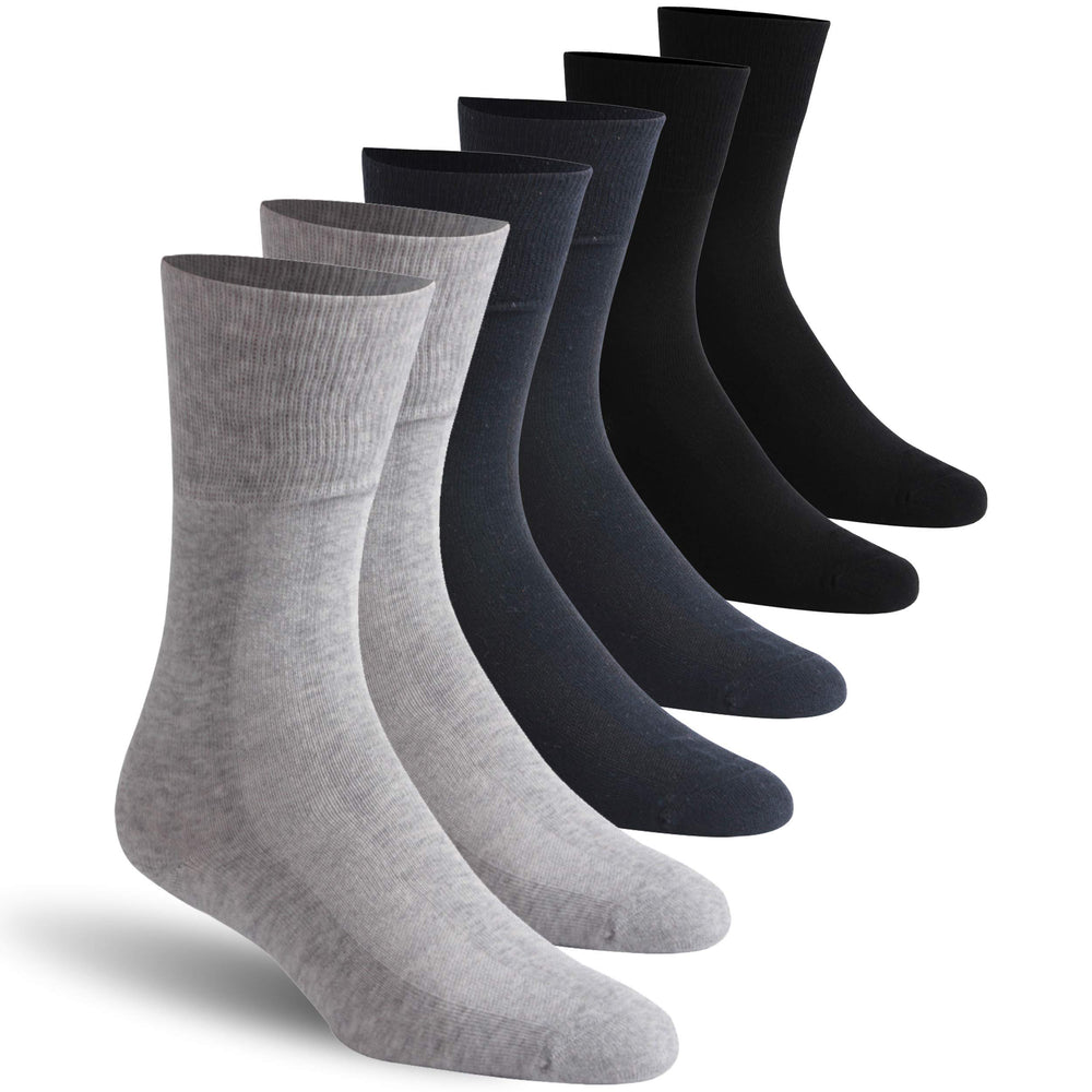 Facool non-binding loose-top socks on leg, promotes comfortable circulation with wide calf fit.