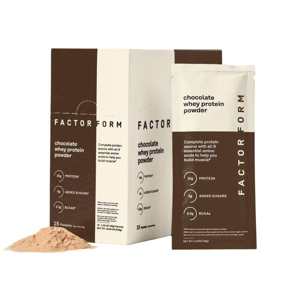 Factor Form Whey Protein powder container with 25g protein per serving for daily nutrition