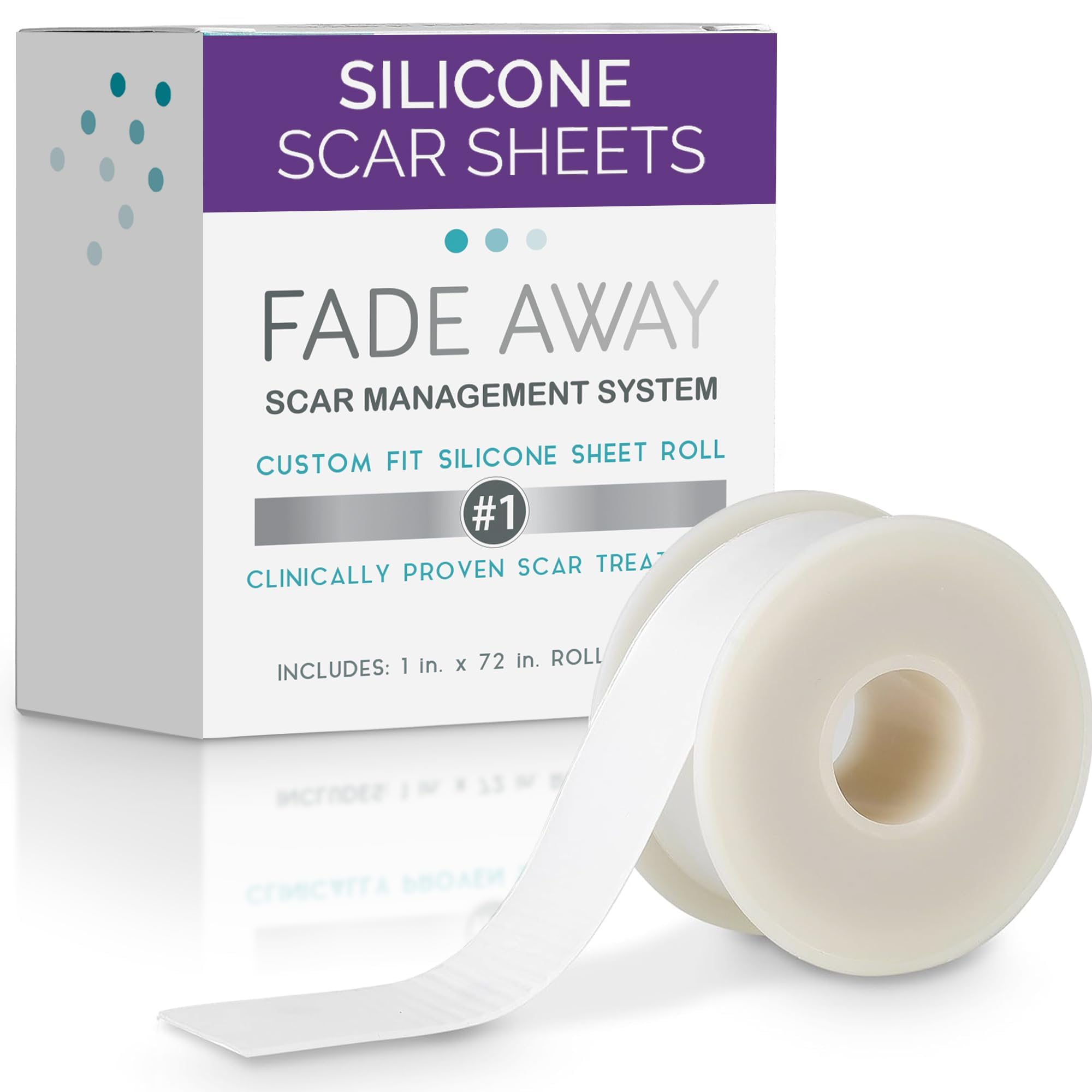Fade Away silicone scar sheets pack shown for versatile, reusable scar care.