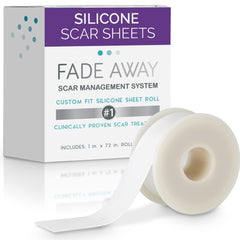 Fade Away silicone scar sheets pack shown for versatile, reusable scar care.