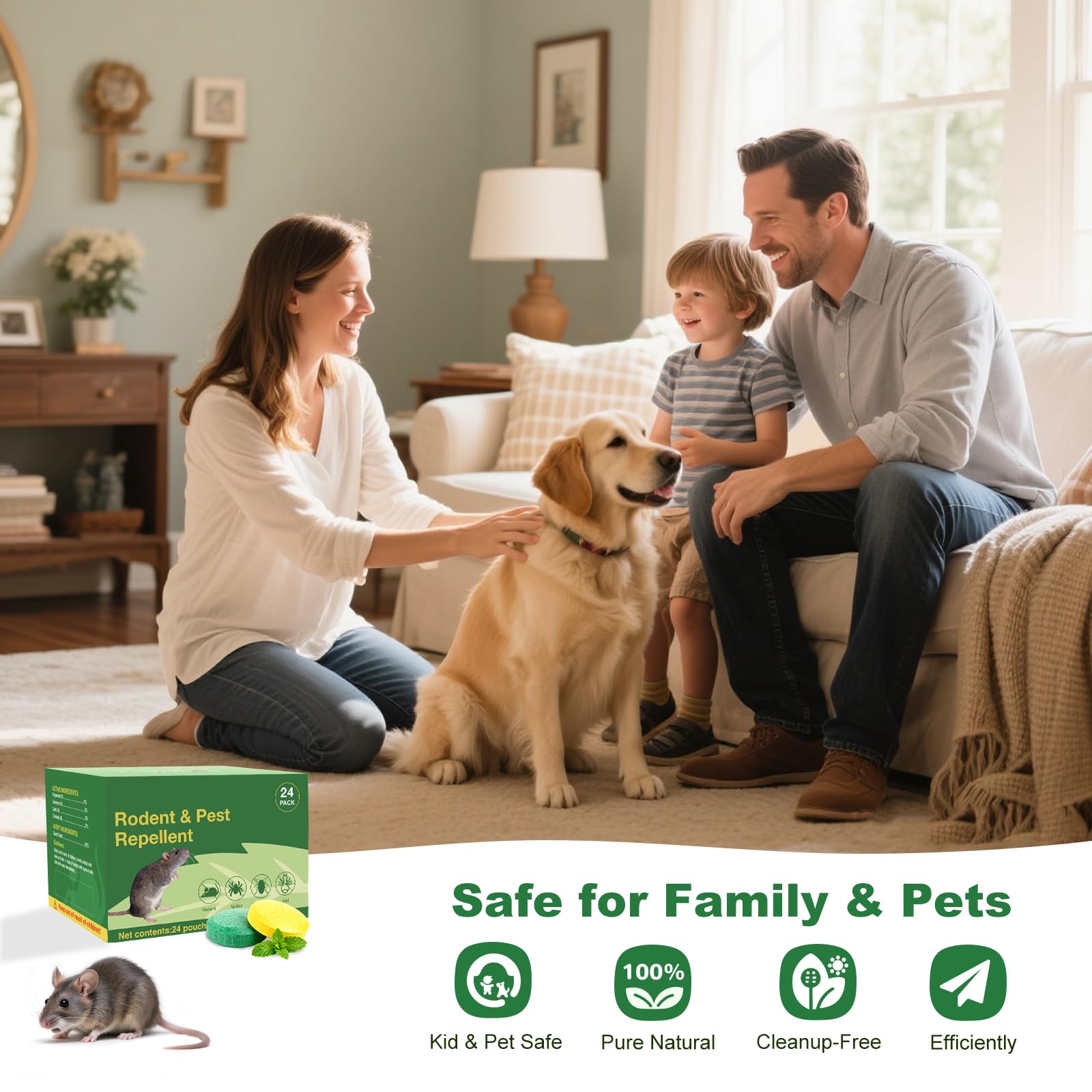 Failpest compact packaging on countertop emphasizes convenient 24-piece supply.