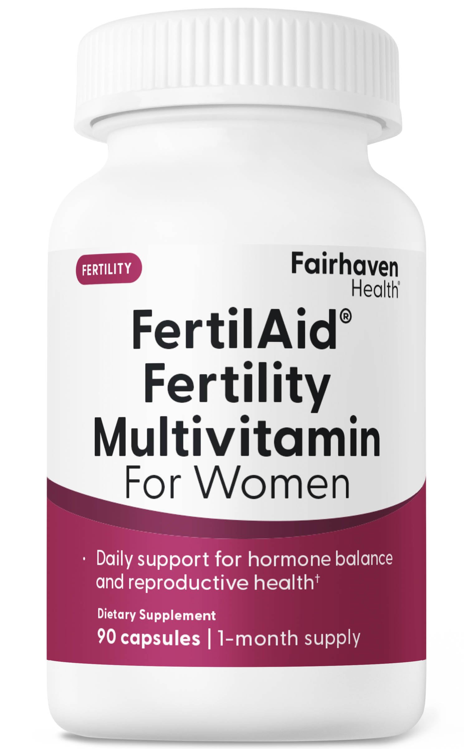 Fairhaven Health FertilAid for Women bottle shown for daily prenatal support