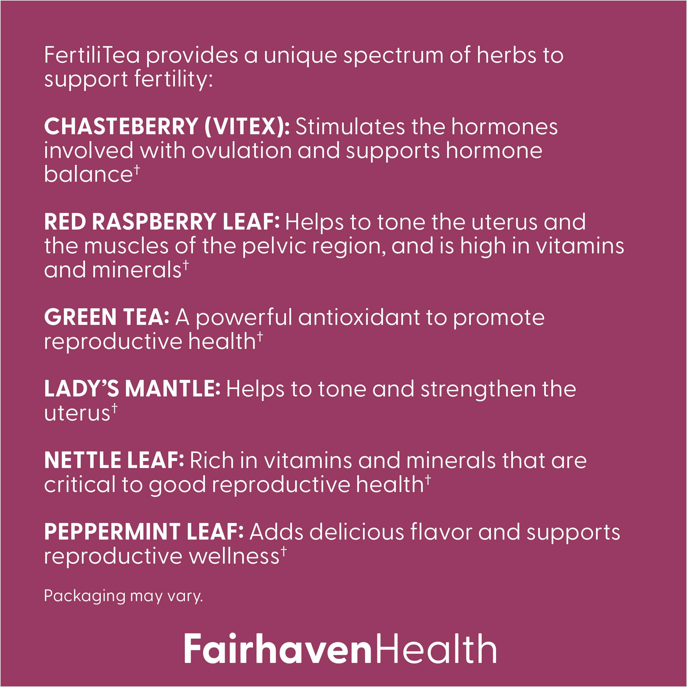 Mint leaves visible in FertiliTea blend for refreshing aroma.