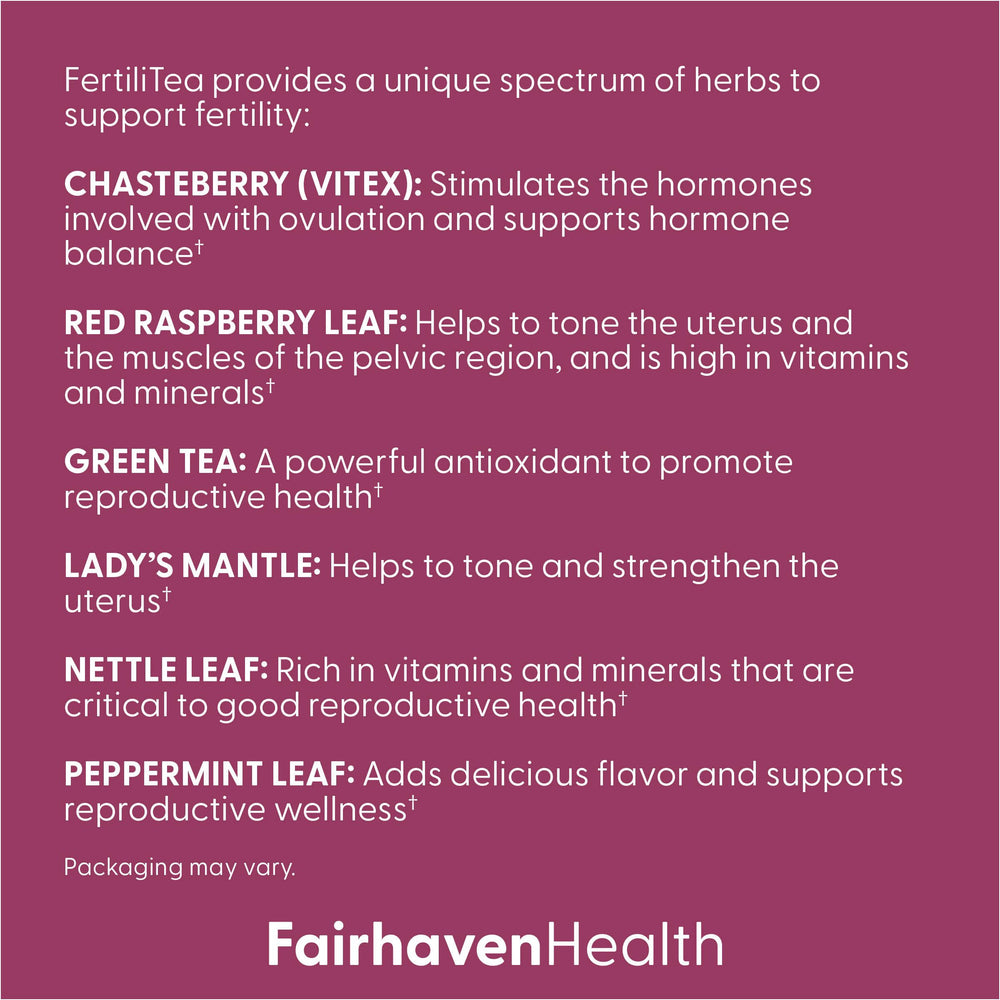 Mint leaves visible in FertiliTea blend for refreshing aroma.