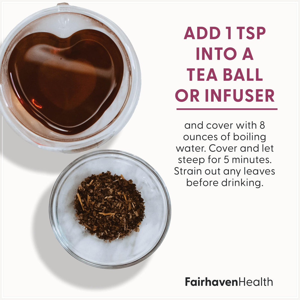 FertiliTea steeping process shown with a warm glass cup.