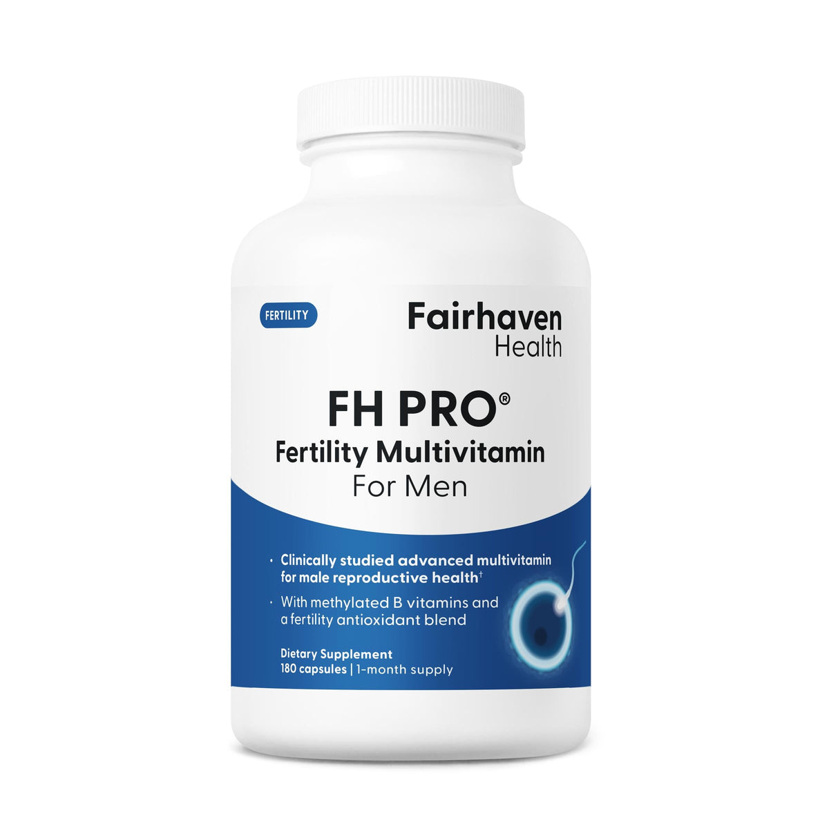 FH Pro Men bottle close-up highlighting a premium male fertility supplement