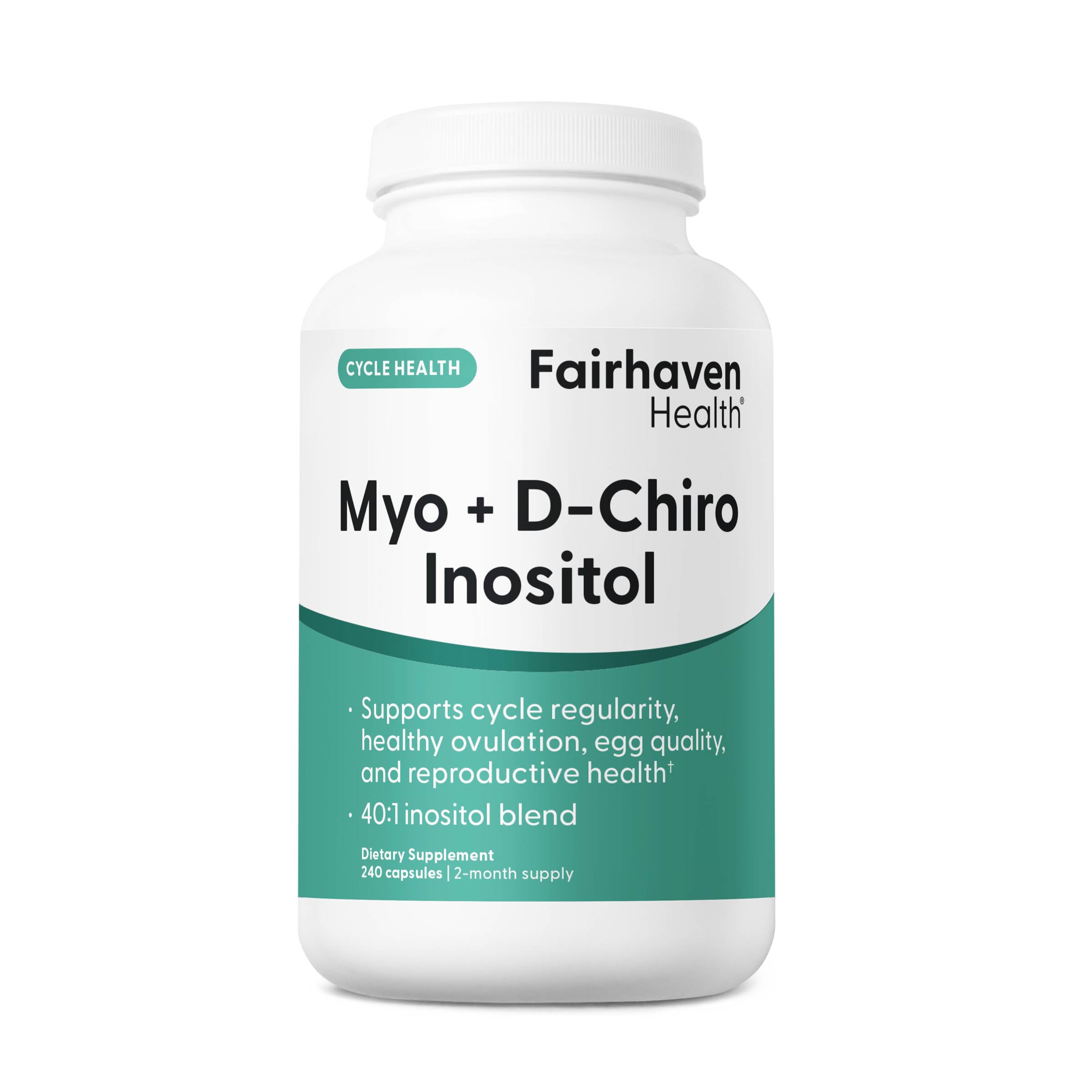 Fairhaven Health Myo-Inositol & D-Chiro Inositol bottle front shows 40:1 ratio for balanced hormones
