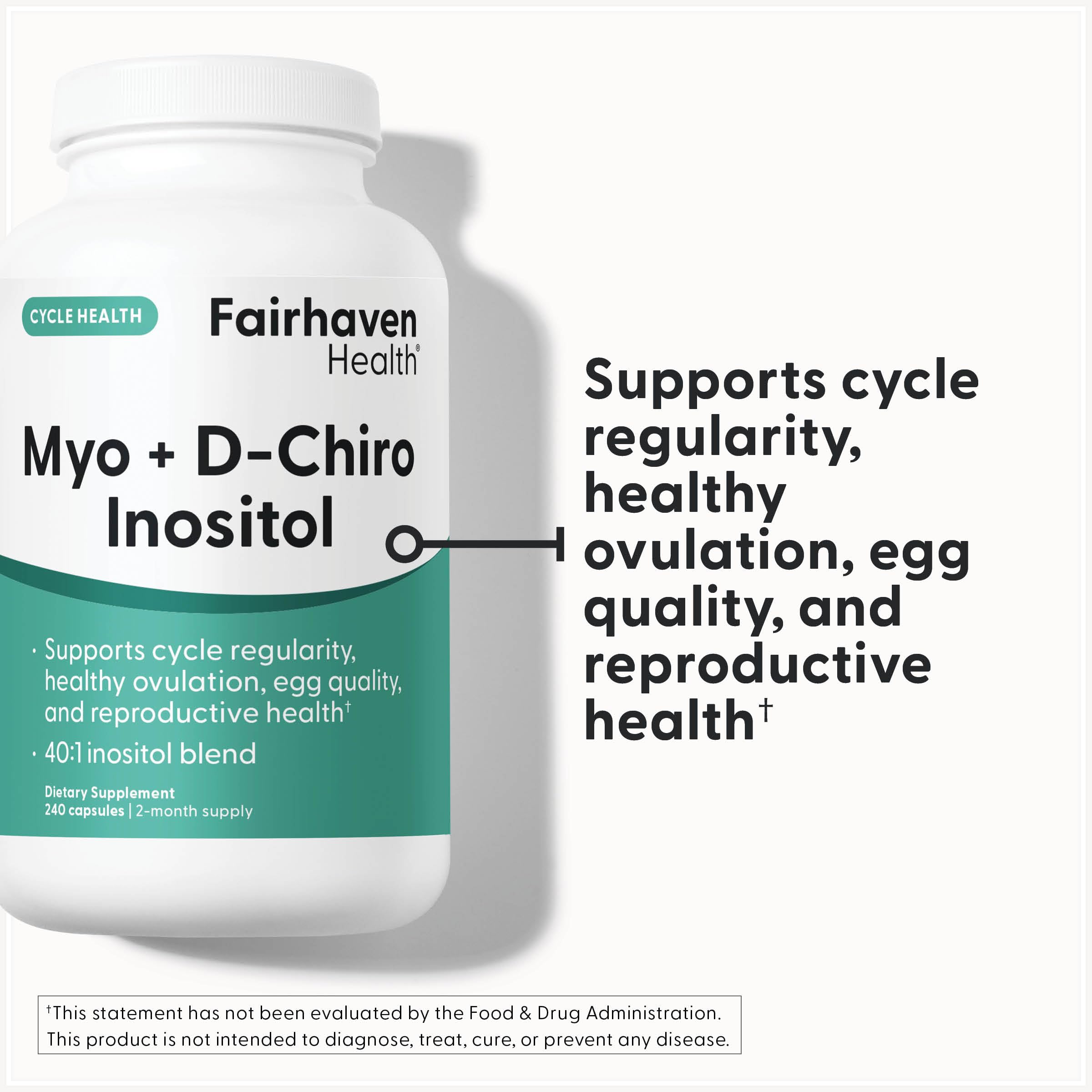 Close-up of capsules from Fairhaven Health, highlighting 40:1 ratio for fertility support