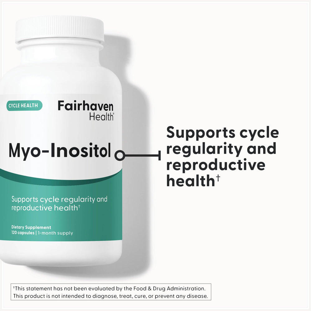 Fairhaven Health Myo-Inositol capsules close-up for potential hormone balance.