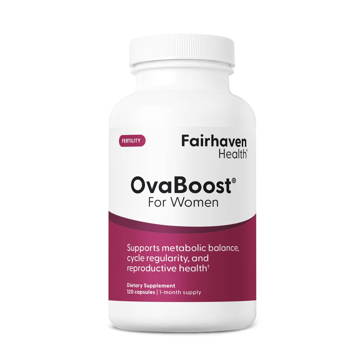 Fairhaven Health Ovaboost bottle close-up for daily fertility support.