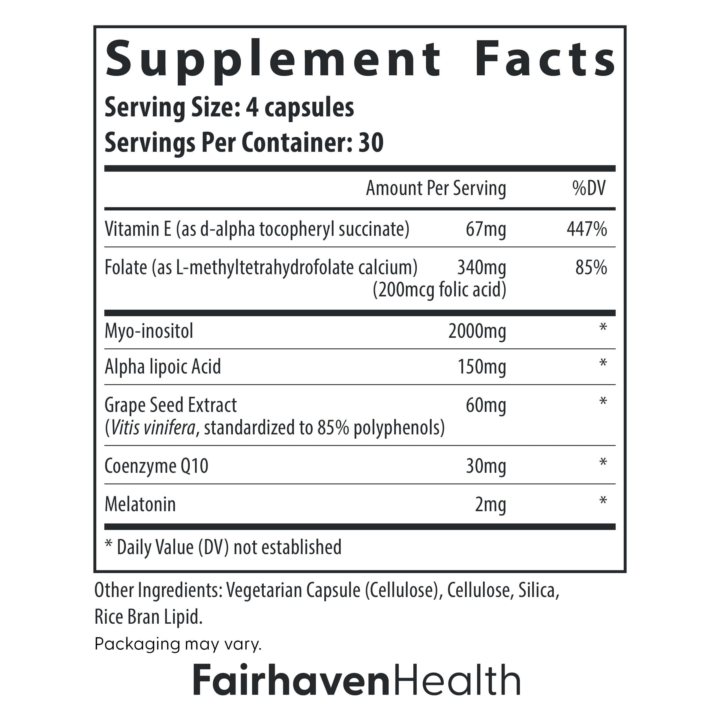 Ovaboost ingredients blend featuring myo-inositol and folate from Fairhaven Health.