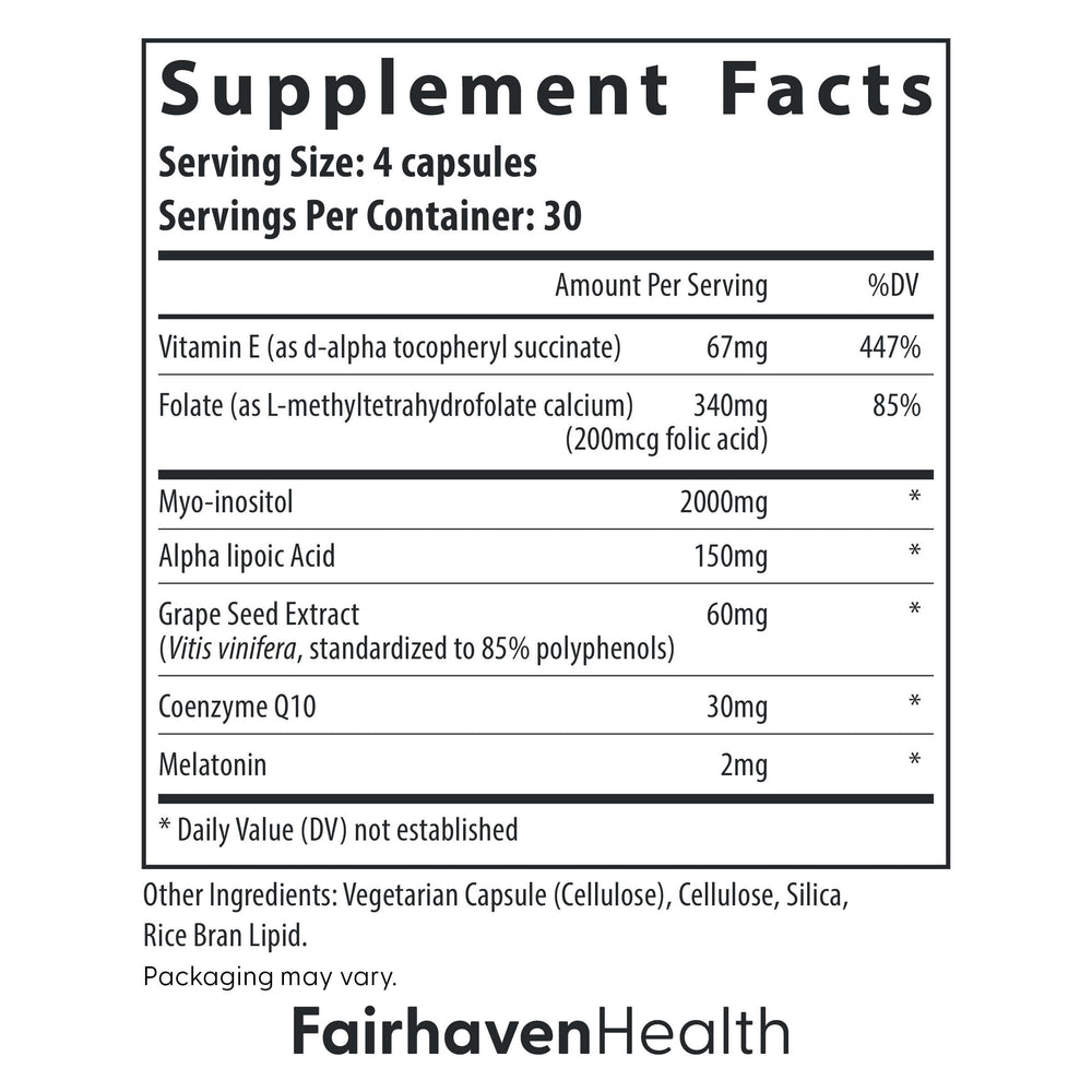 Ovaboost ingredients blend featuring myo-inositol and folate from Fairhaven Health.
