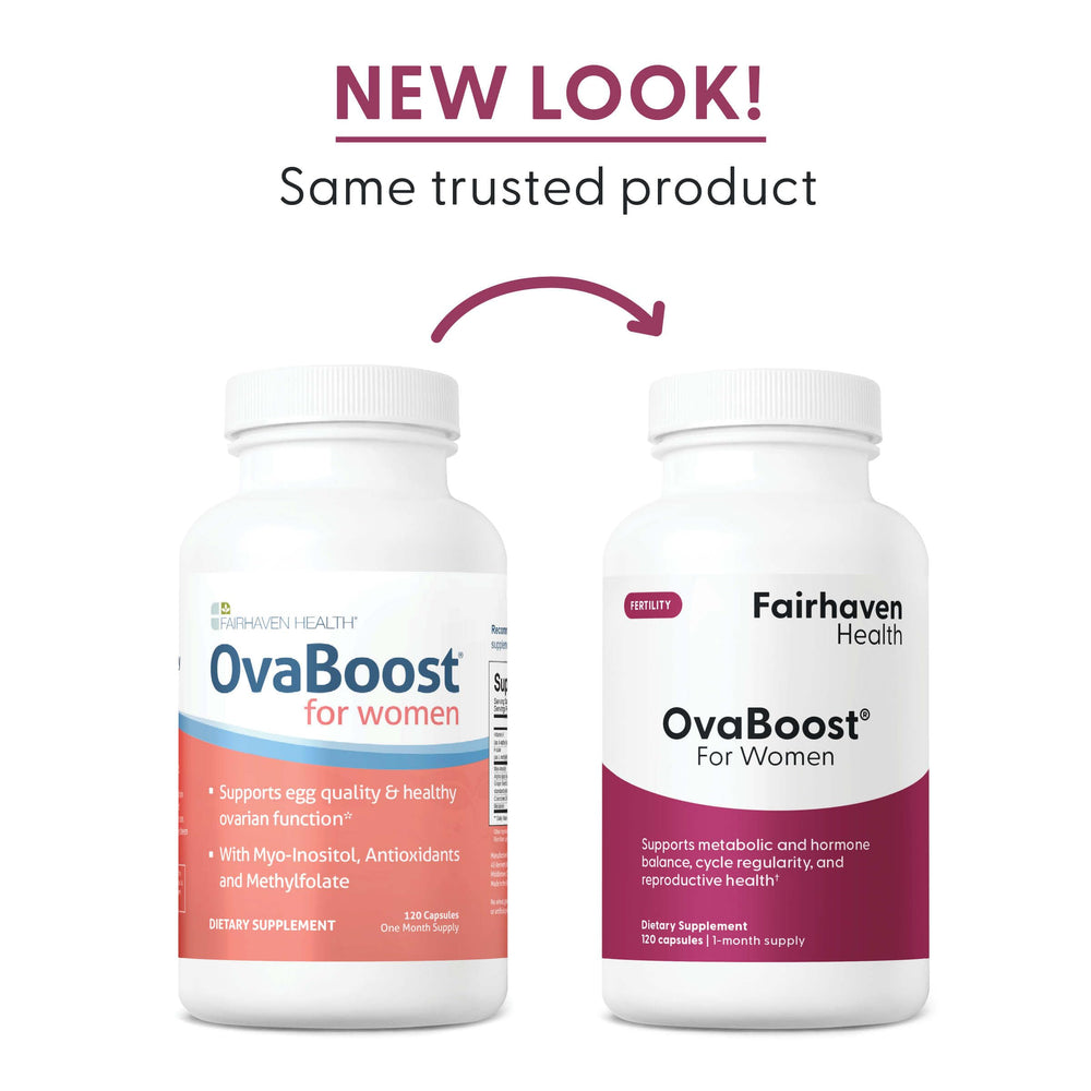 Fairhaven Health Ovaboost label on NSF-certified manufacturing facility.