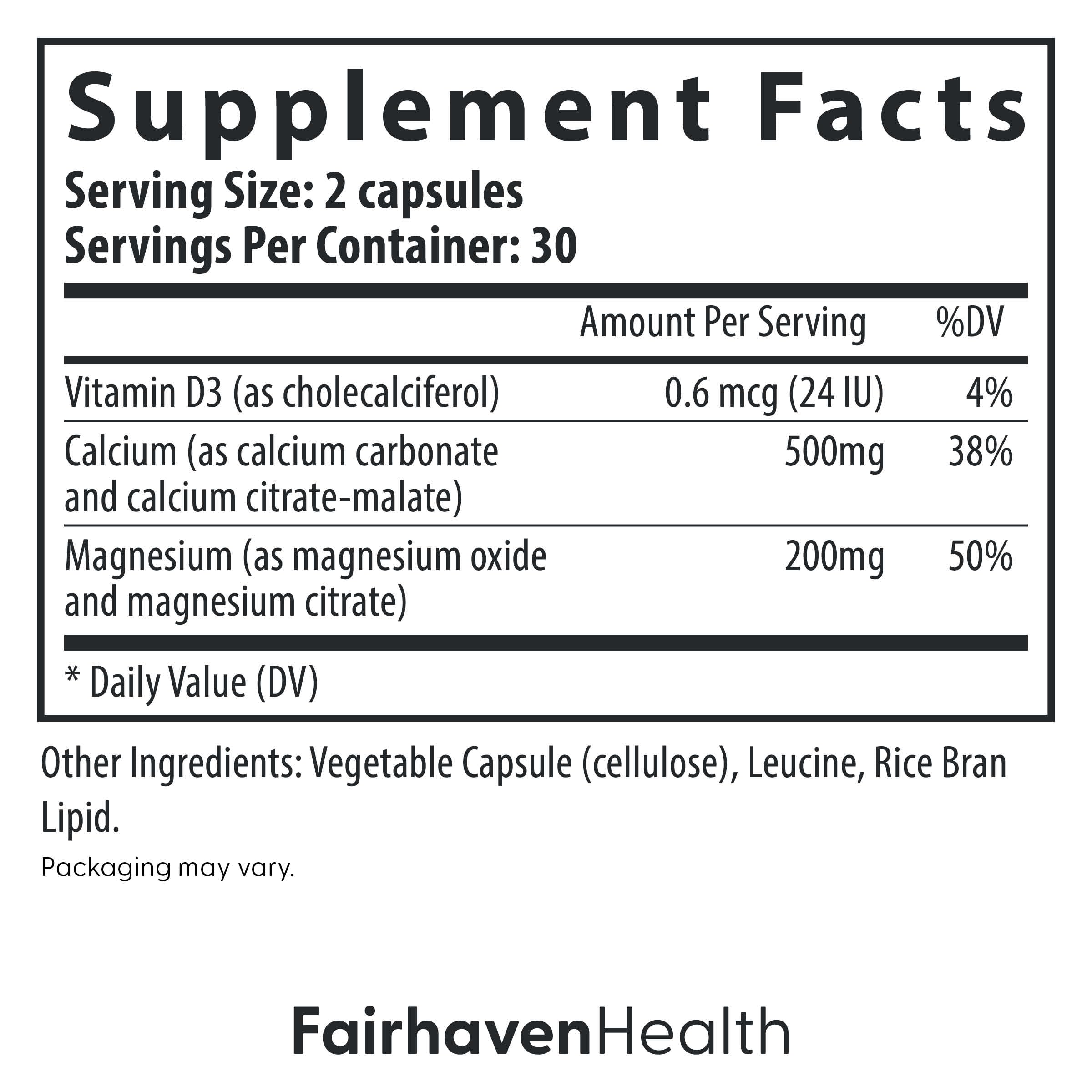 Fairhaven Health Peapod Cal-Mag ingredient list highlights two mineral forms.