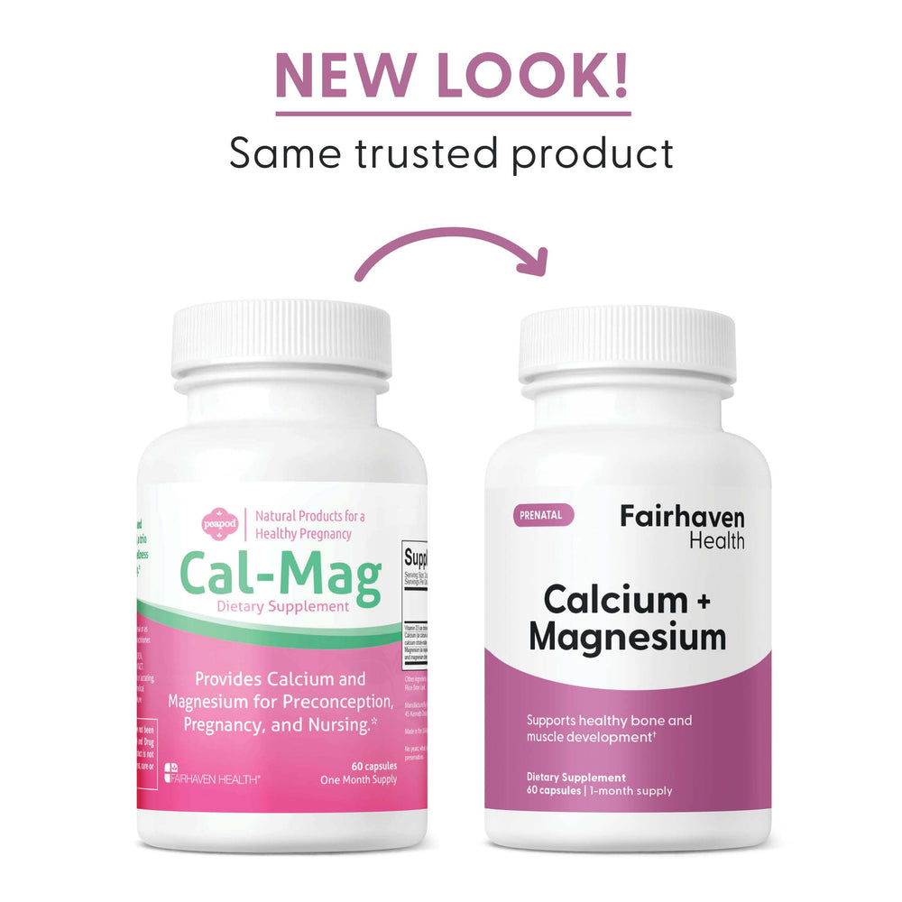 Fairhaven Health Peapod Cal-Mag packaging emphasizes one-month convenience.