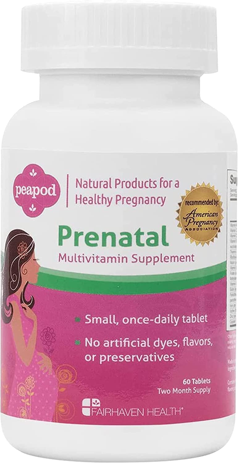 Fairhaven Health Peapod Prenatal bottle front with vanilla-coated tablets for daily prenatal support.