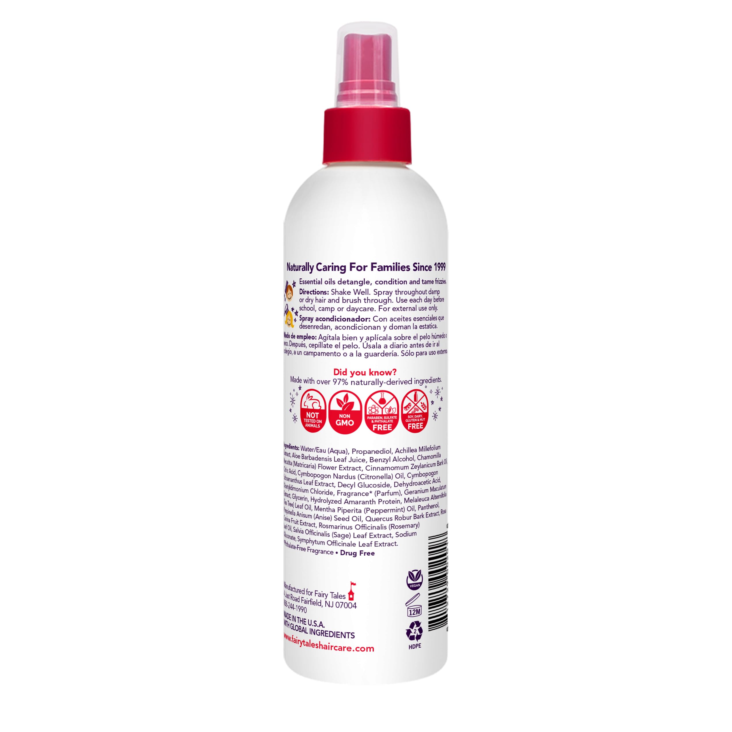Fairy Tales Rosemary Repel spray application on damp hair for easy detangling.