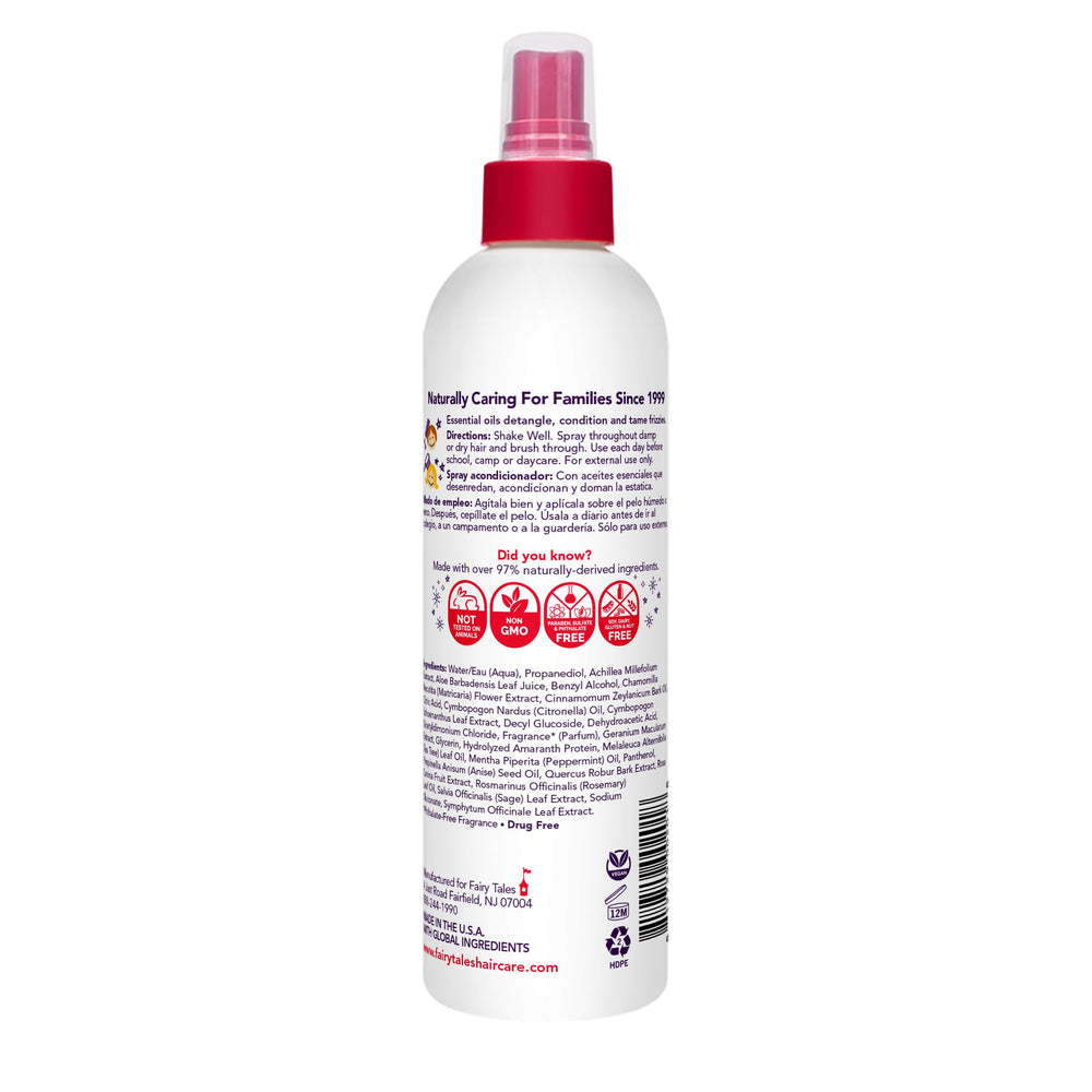 Fairy Tales Rosemary Repel spray application on damp hair for easy detangling.
