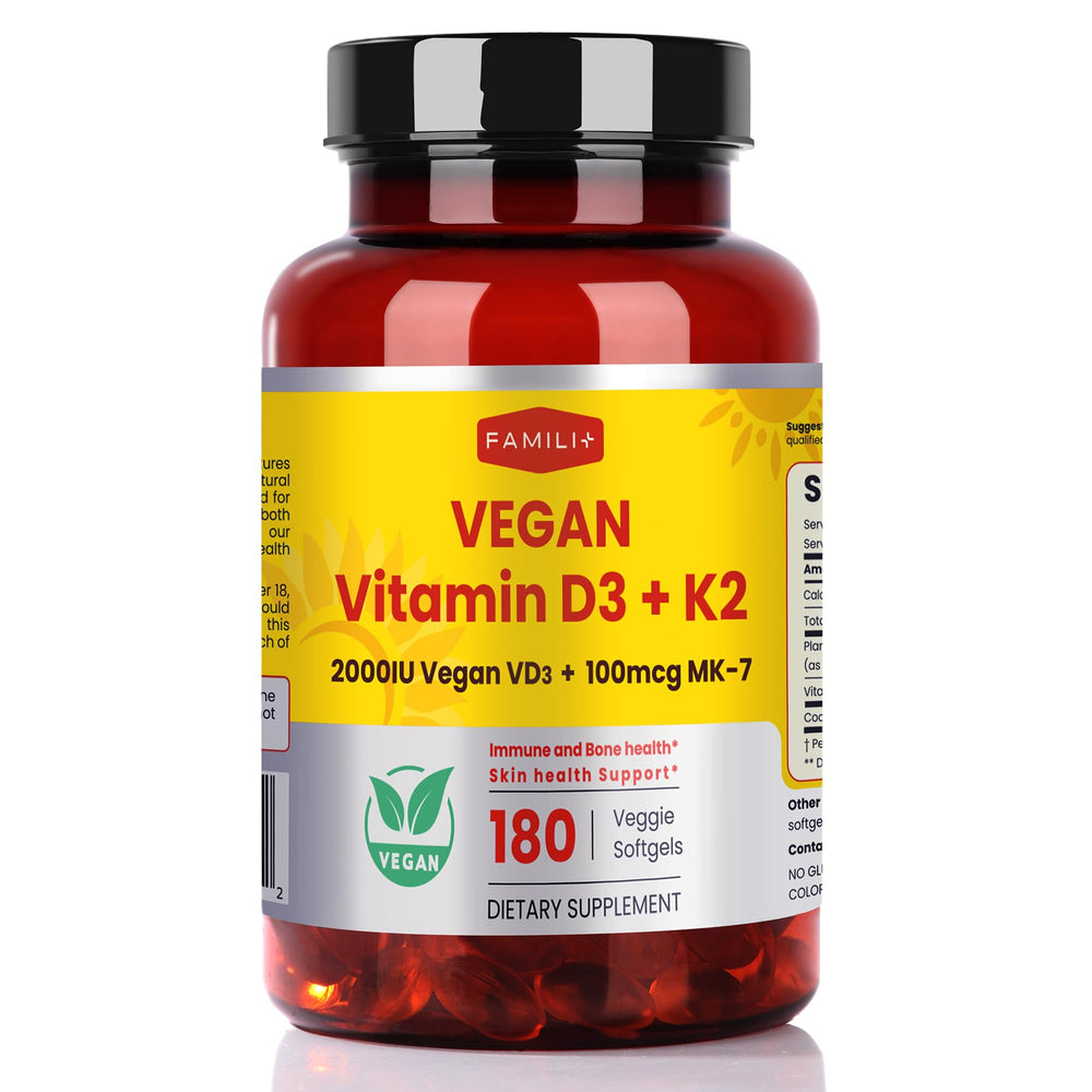 FAMILI+ 180 Days D3K2 softgel bottle front view for daily vegan support