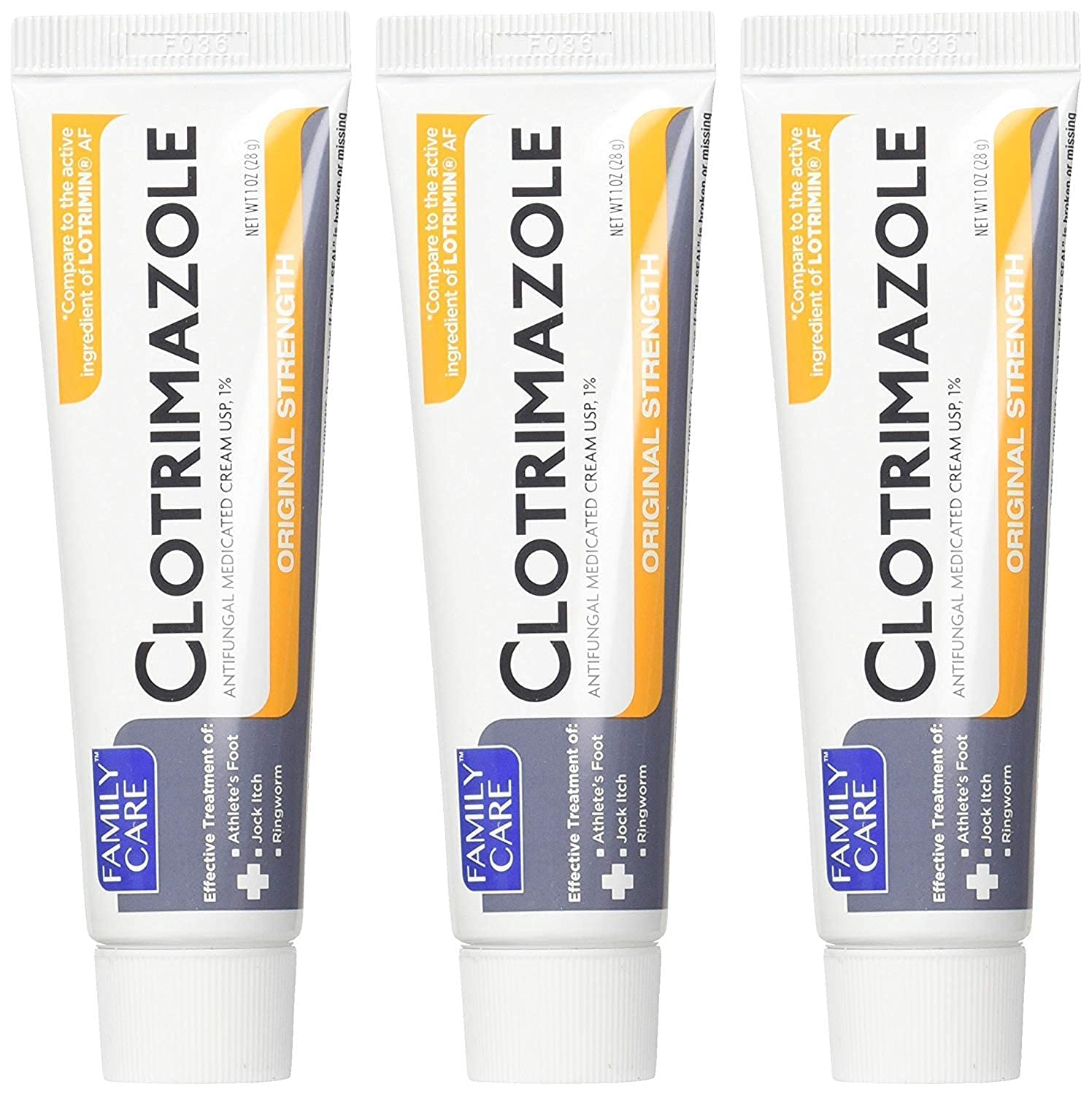 Family Care Clotrimazole 1 percent cream tubes in a 3 pack for convenient antifungal care