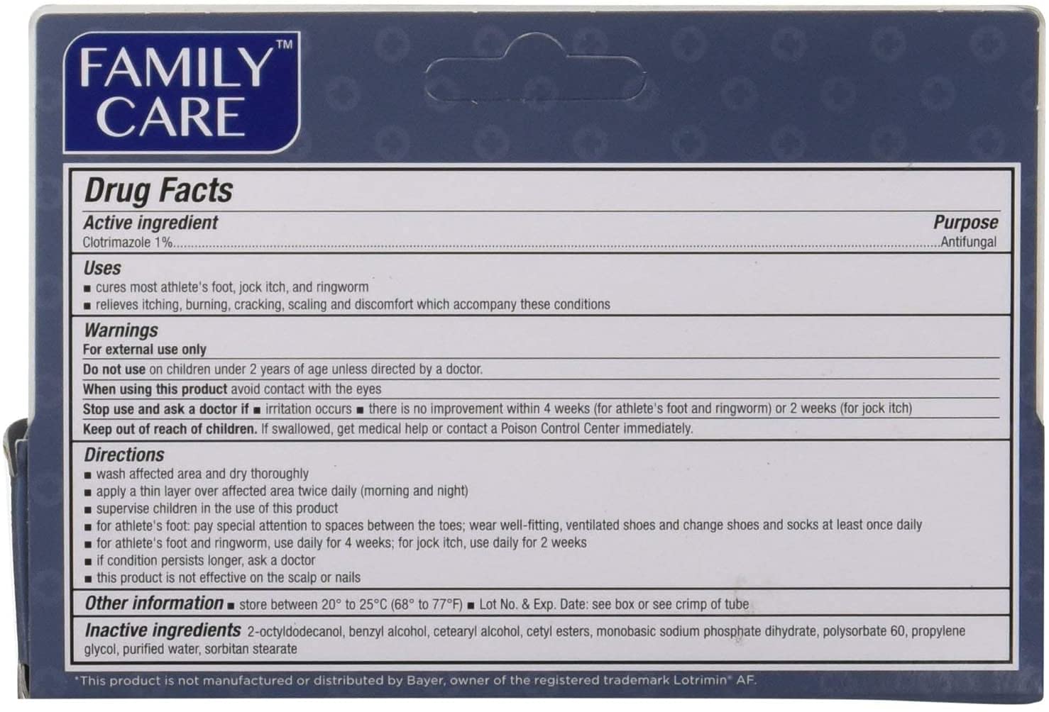 Family Care Clotrimazole 1% cream label highlights active ingredient