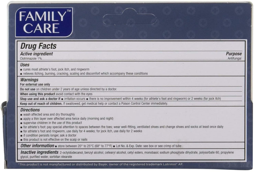 Family Care Clotrimazole 1% cream label highlights active ingredient