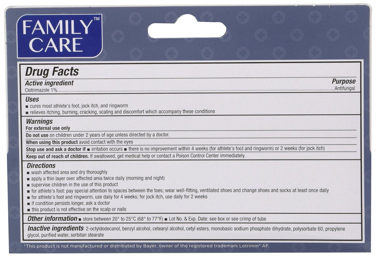 Family Care Clotrimazole cream packaging display for trusted antifungal treatment.