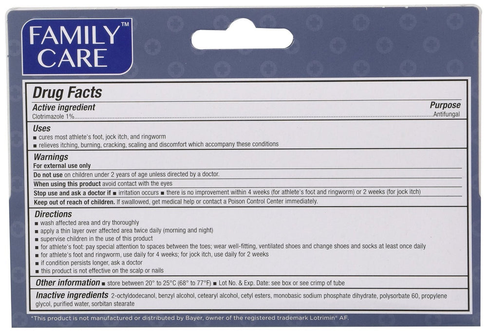Family Care Clotrimazole cream packaging display for trusted antifungal treatment.