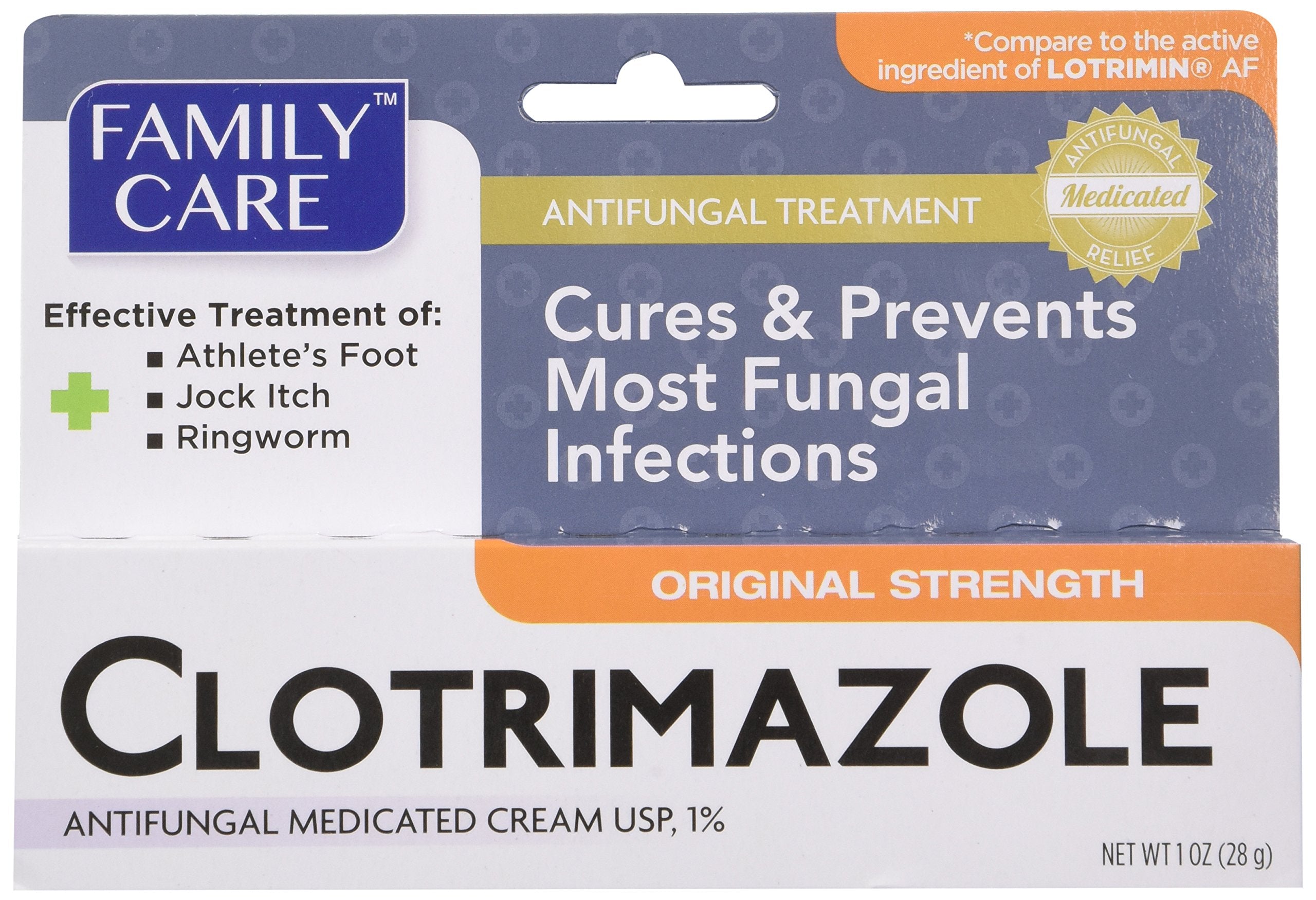 Family Care Clotrimazole cream 1oz tube for fast, smooth application to fungal infections.