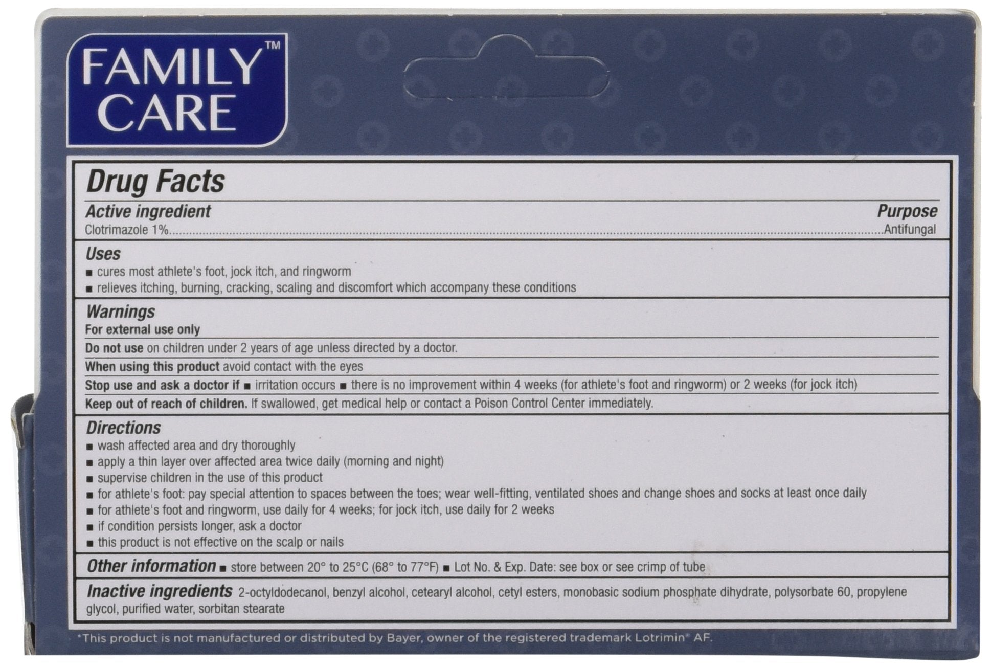 Family Care Clotrimazole Cream 1% USP packaging, travel-friendly packaging.