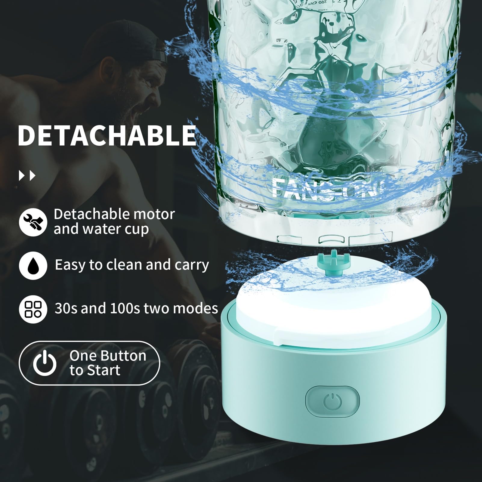 Fans-One shaker bottle illustrating two blending modes for quick or extended mixes.