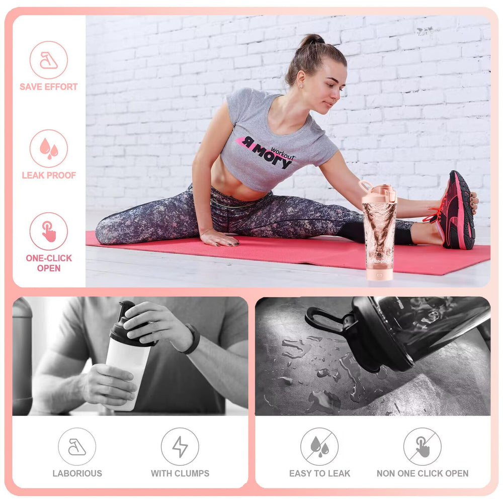 Fans-One electric shaker in use pink reveals ready-to-drink shake after blending