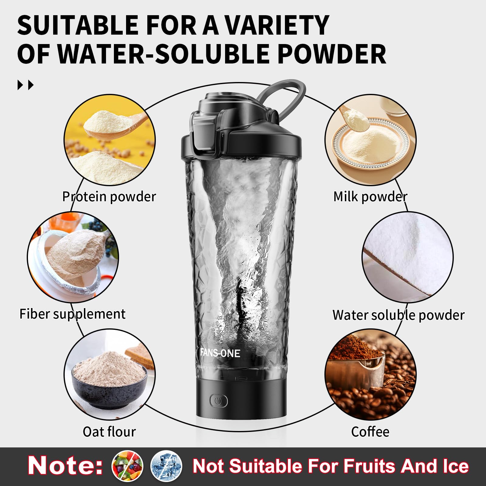 FANS-ONE USB-rechargeable mixer blends shakes quickly and conveniently.