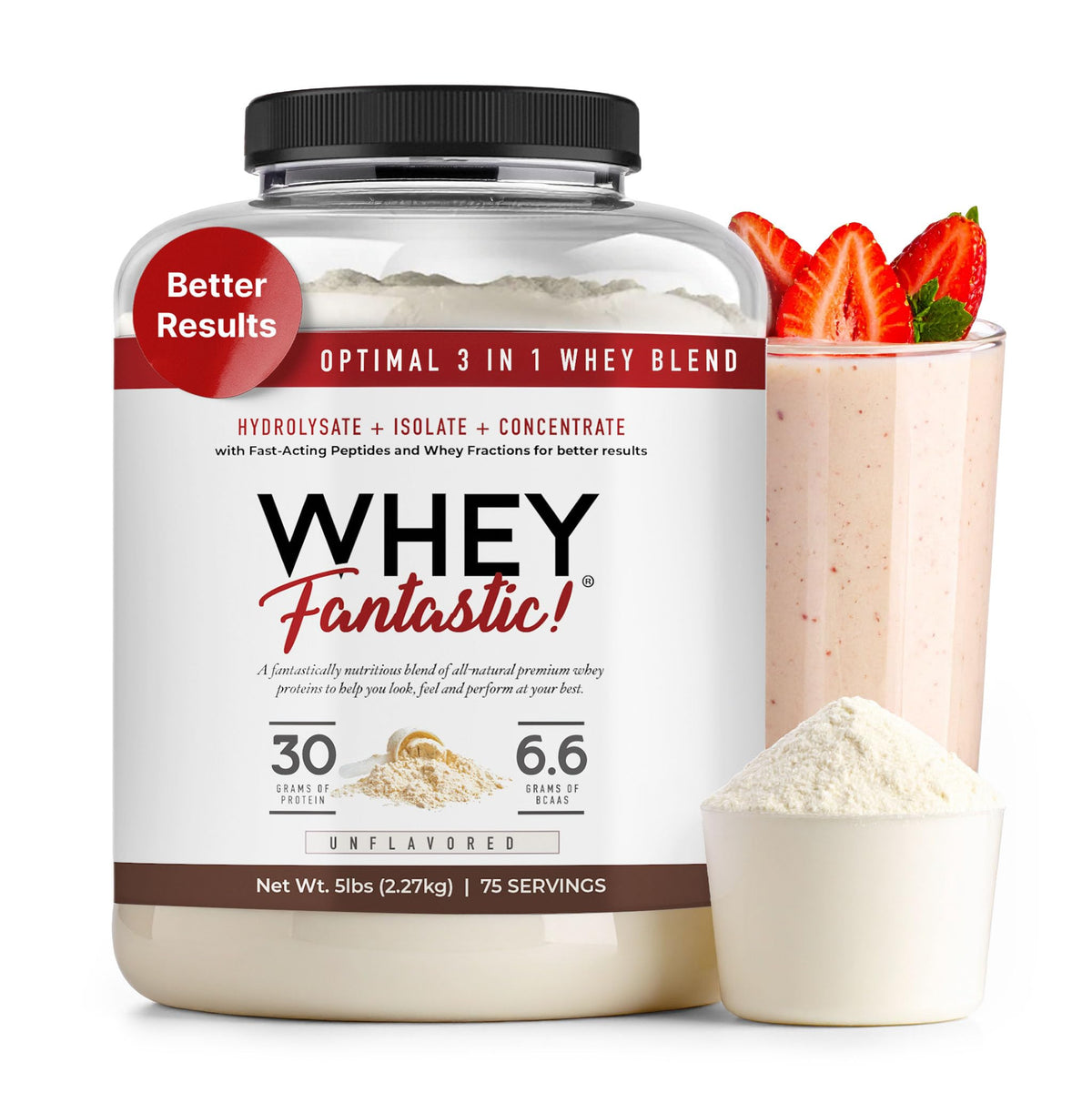 Fantastic Nutrition 3in1 whey unflavored powder bag showing versatile protein source for shakes