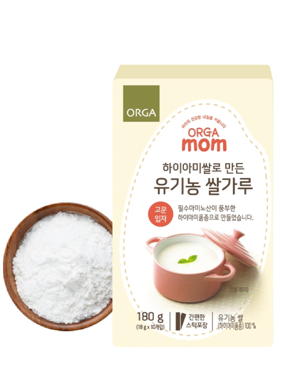 Farmer Queen Orga Mom Hiami Arroz en polvo empaque: práctico y orgánico para bebés.