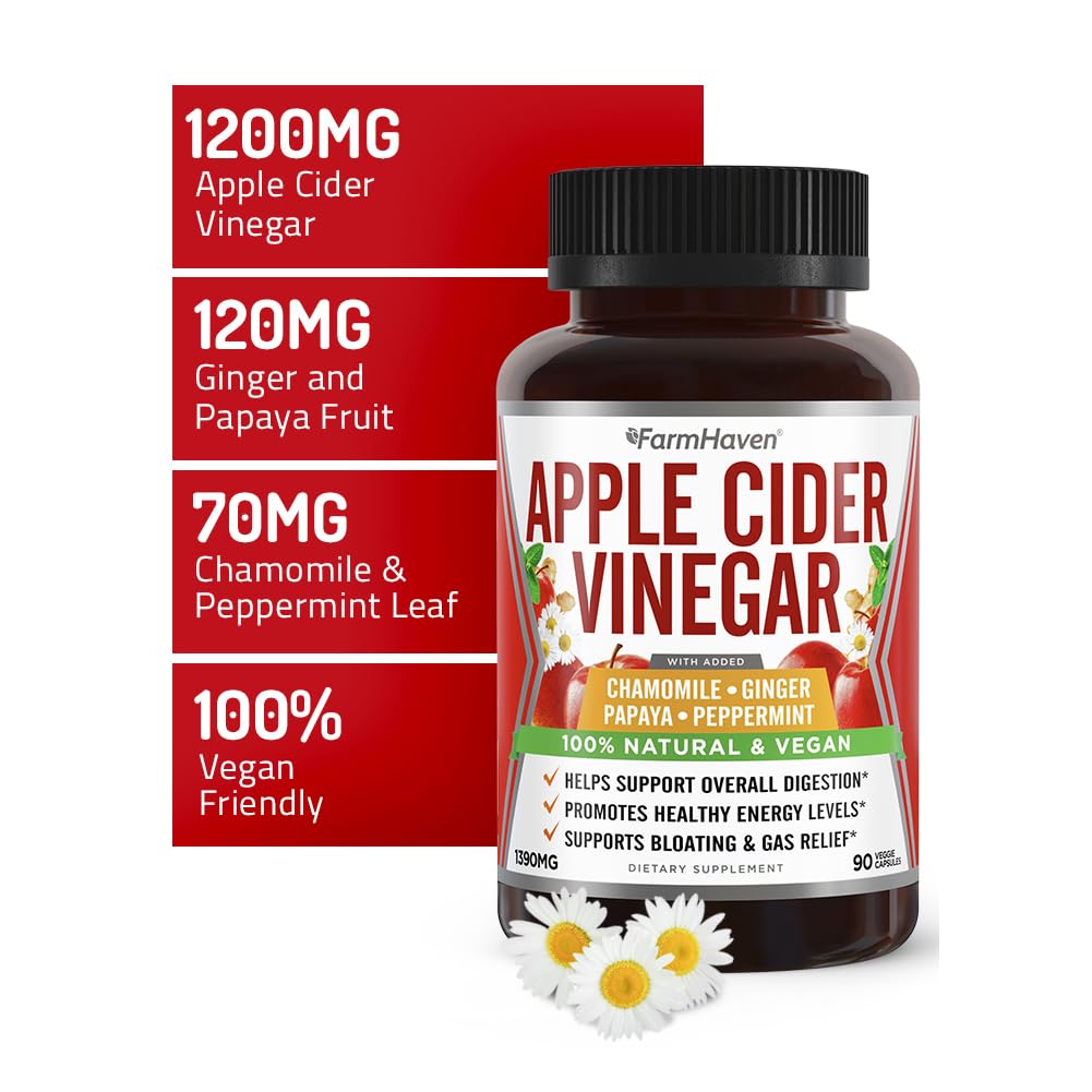FarmHaven capsules with ginger and chamomile blend beside label for soothing stomach use
