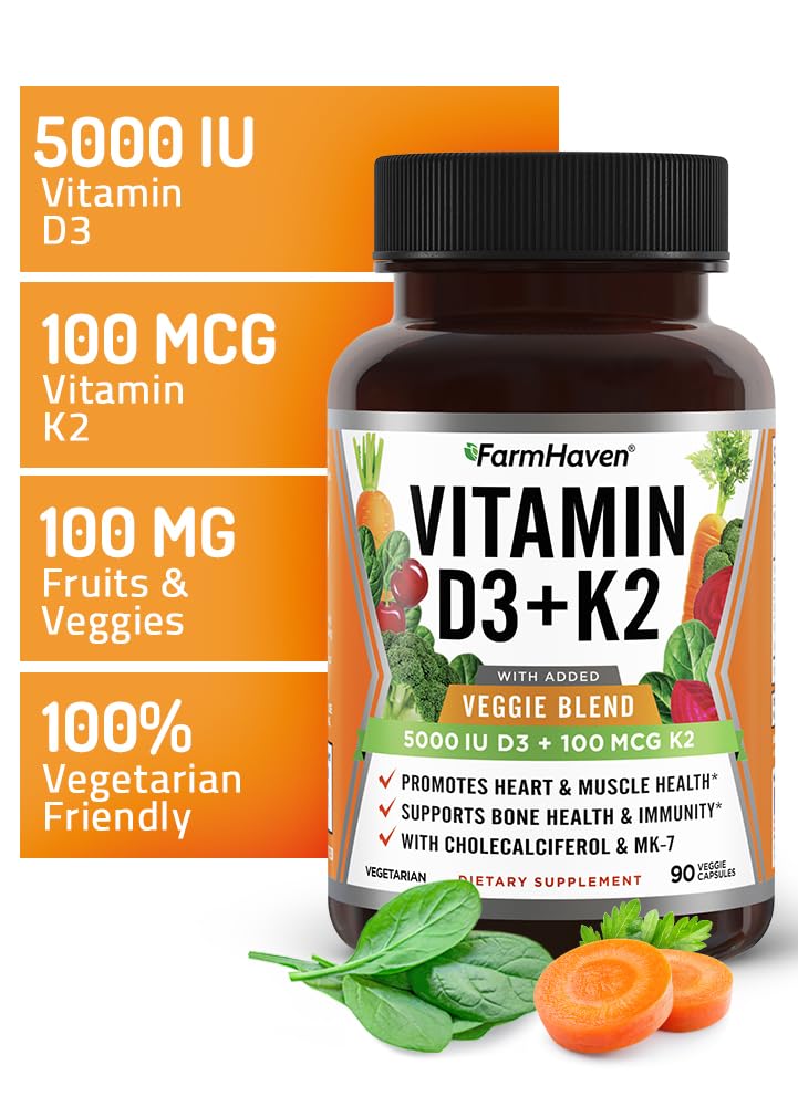 FarmHaven capsules with 5000 IU D3 and 100 mcg K2 in vegetarian capsules.