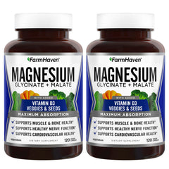 FarmHaven Magnesium Glycinate & Malate bottle-front highlighting high absorption potential.