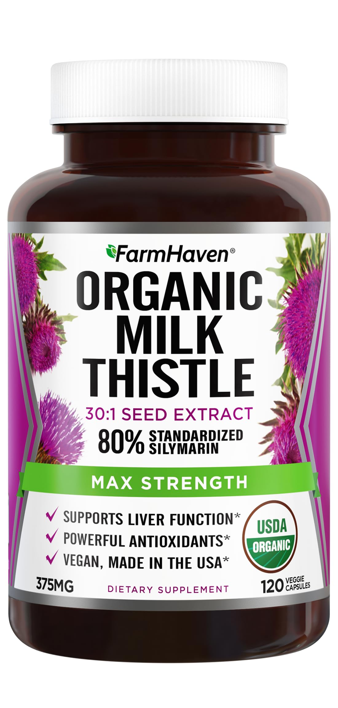 FarmHaven Milk Thistle bottle front showing organic, high-potency silymarin for daily liver support