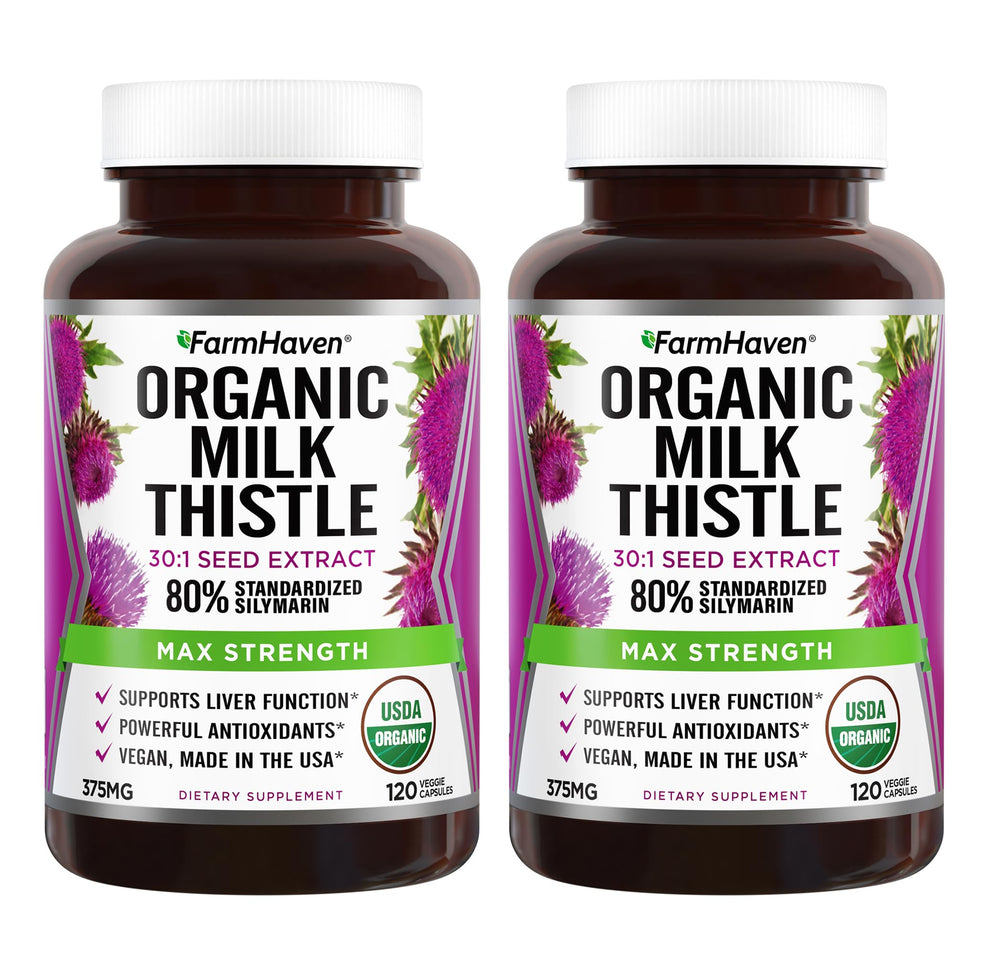 FarmHaven Milk Thistle bottle front shows organic, high-potency silymarin capsules.