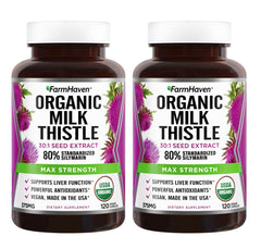 FarmHaven Milk Thistle bottle front shows organic, high-potency silymarin capsules.