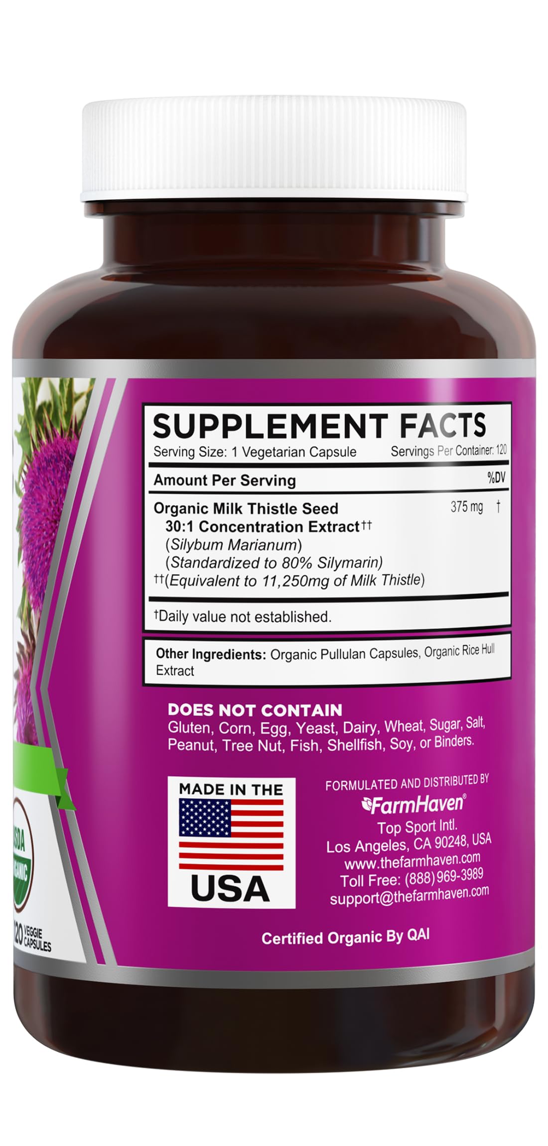 FarmHaven Milk Thistle capsules close-up highlighting 80% silymarin standardization for potency