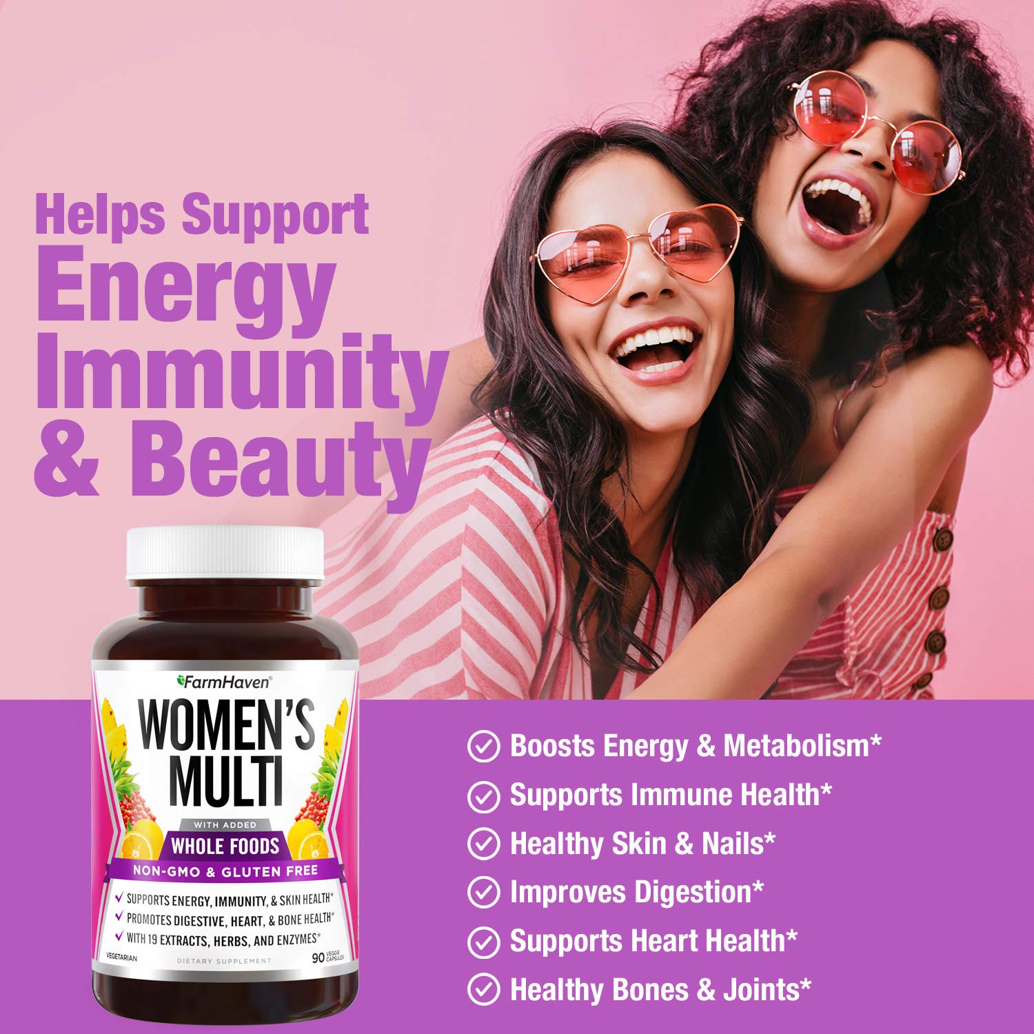 FarmHaven Women Multivitamin ingredients image highlights whole-foods and digestive enzymes